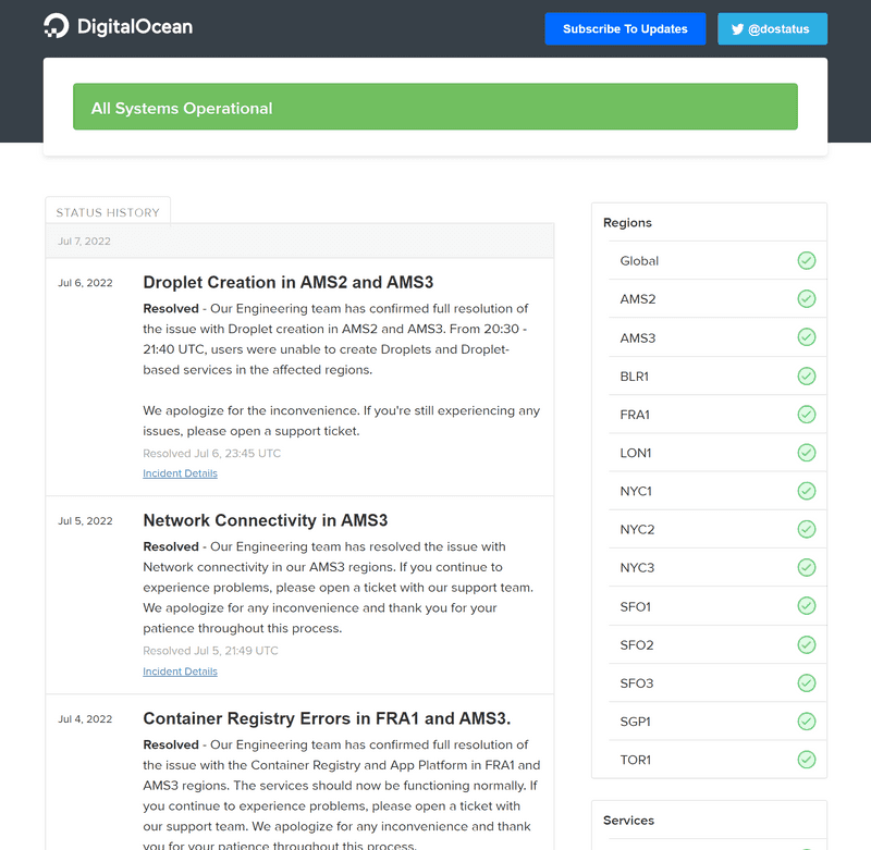 Digital Ocean Status page - 10 Great Status Page Examples to Improve Your Own - Odown